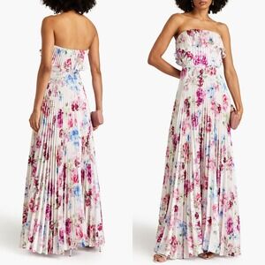 ML‎ Monique Lhuillier Strapless Pleated Floral-print Satin Maxi Dress - Size 4